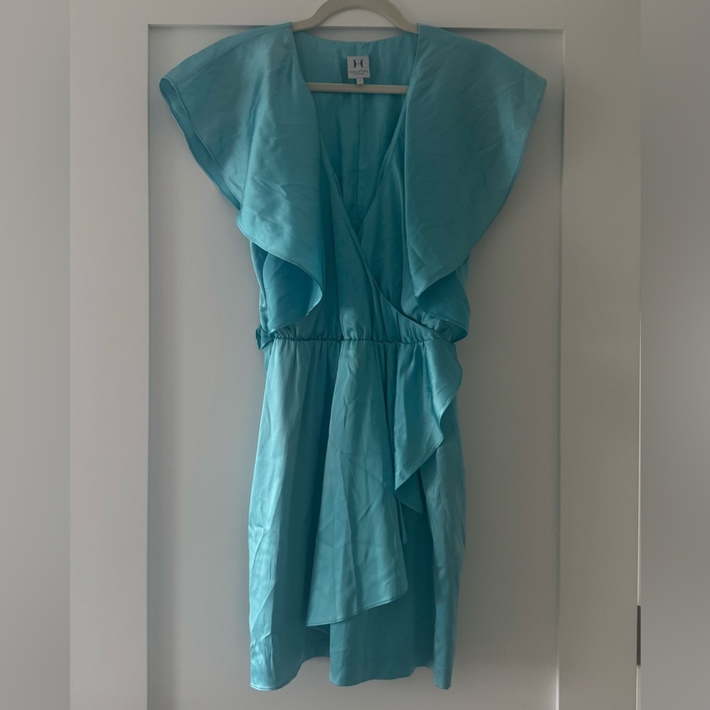 Halston Heritage Flutter Sleeve Dress in Metallic Aqua